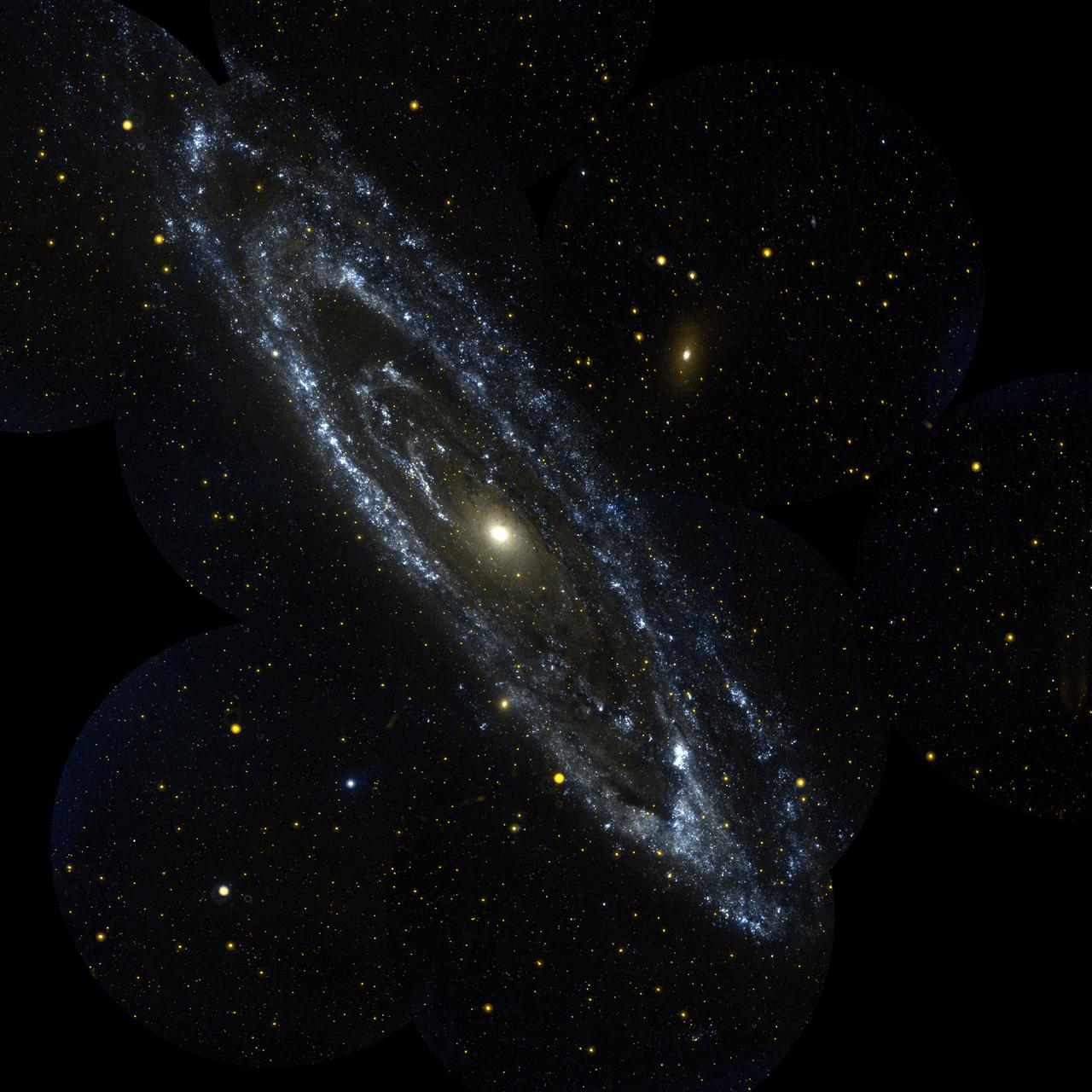 Wide-field view of the Andromeda Galaxy showing its bright core and surrounding dust lanes.