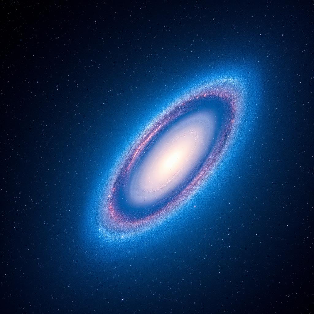 Deep field astrophotography of a distant blue and pink spiral galaxy on a starfield background.