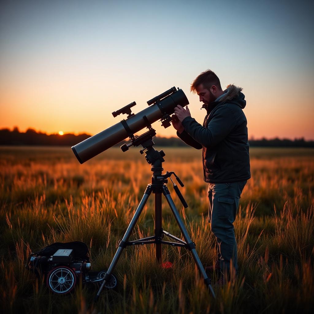 Amateur astronomer setting up a large reflector telescope in a field at sunset.