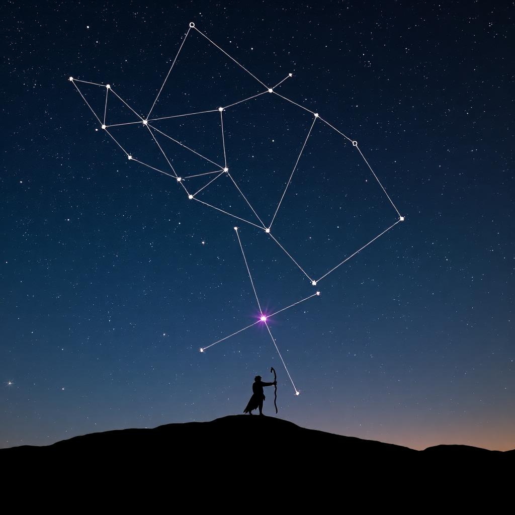 Orion constellation with connecting star lines overlay and a silhouetted archer figure on a hill.