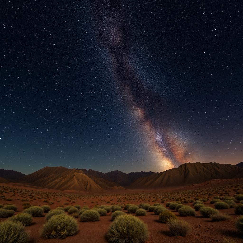 Bright Milky Way core arching over silhouetted desert mountains under a dark night sky.