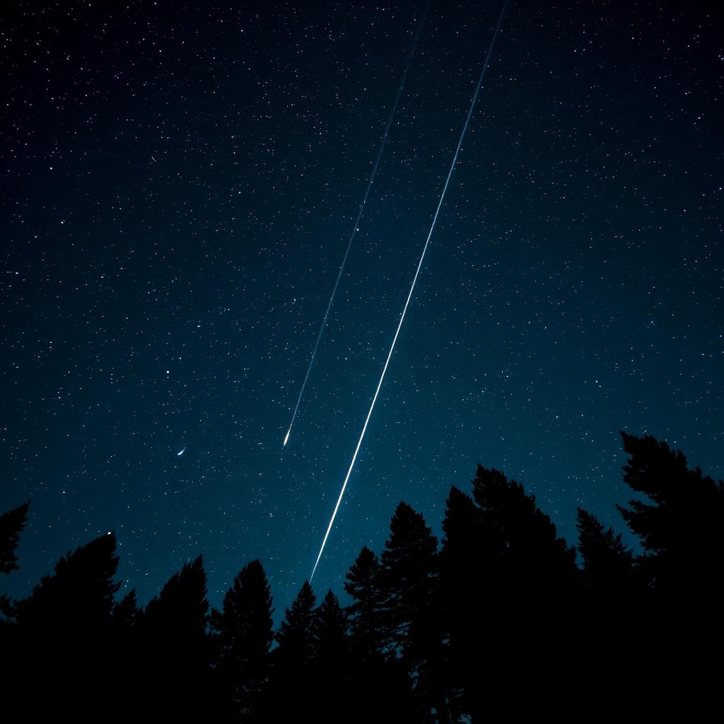 Bright meteor trails streaking across a starry sky above a silhouetted pine forest.