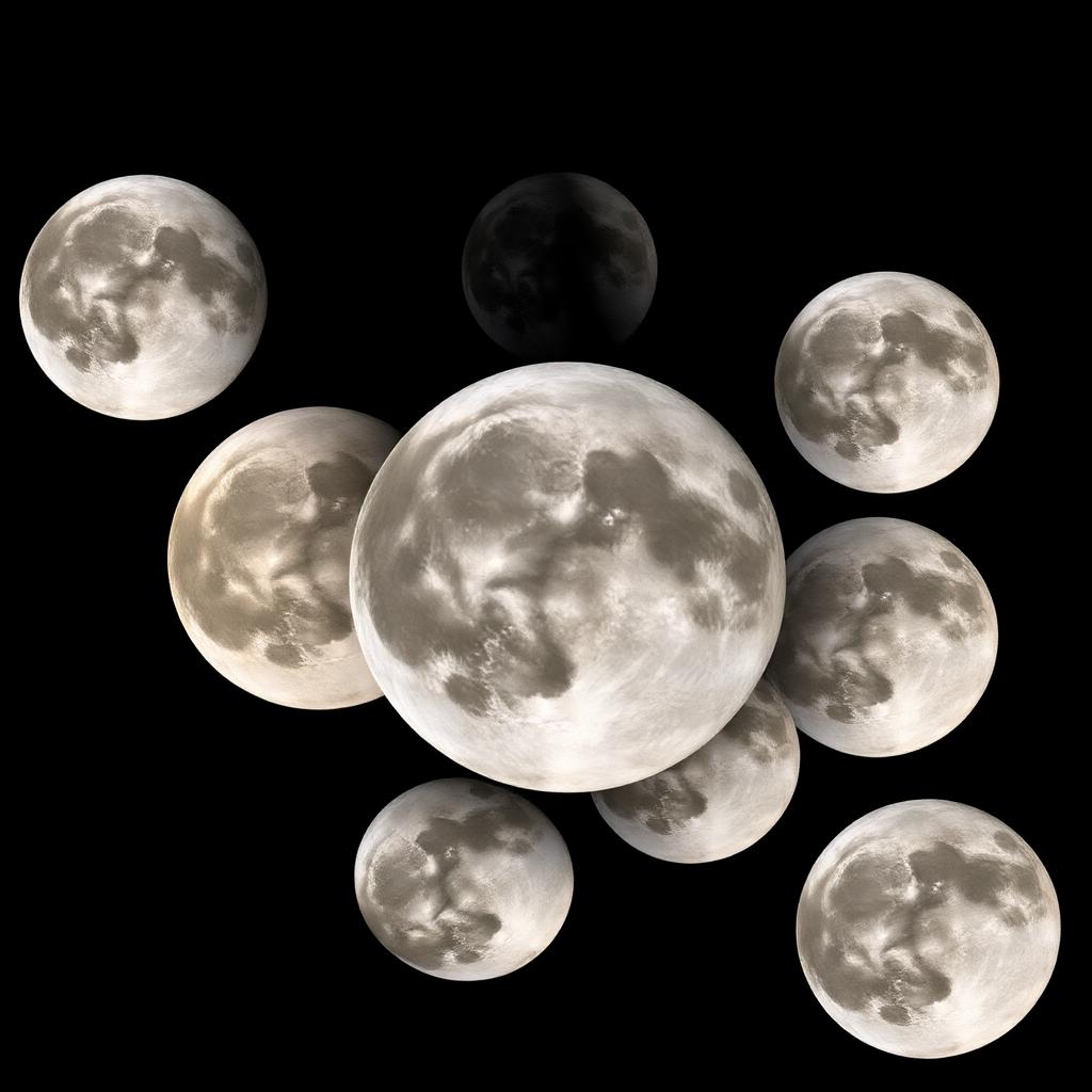 Composite photograph of the Moon at multiple phases against a black sky.