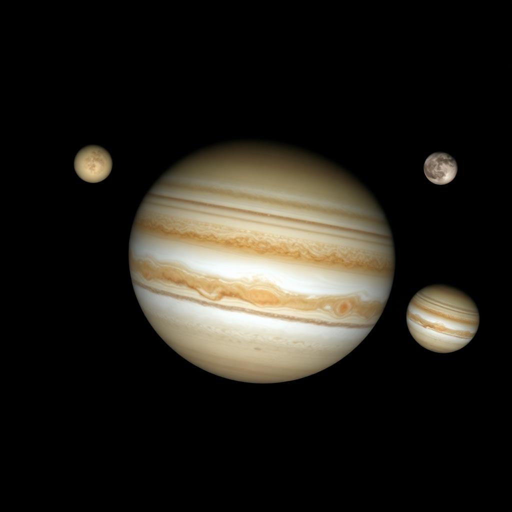 Telescopic view of Jupiter with cloud bands, the Great Red Spot and three moons on a black background.