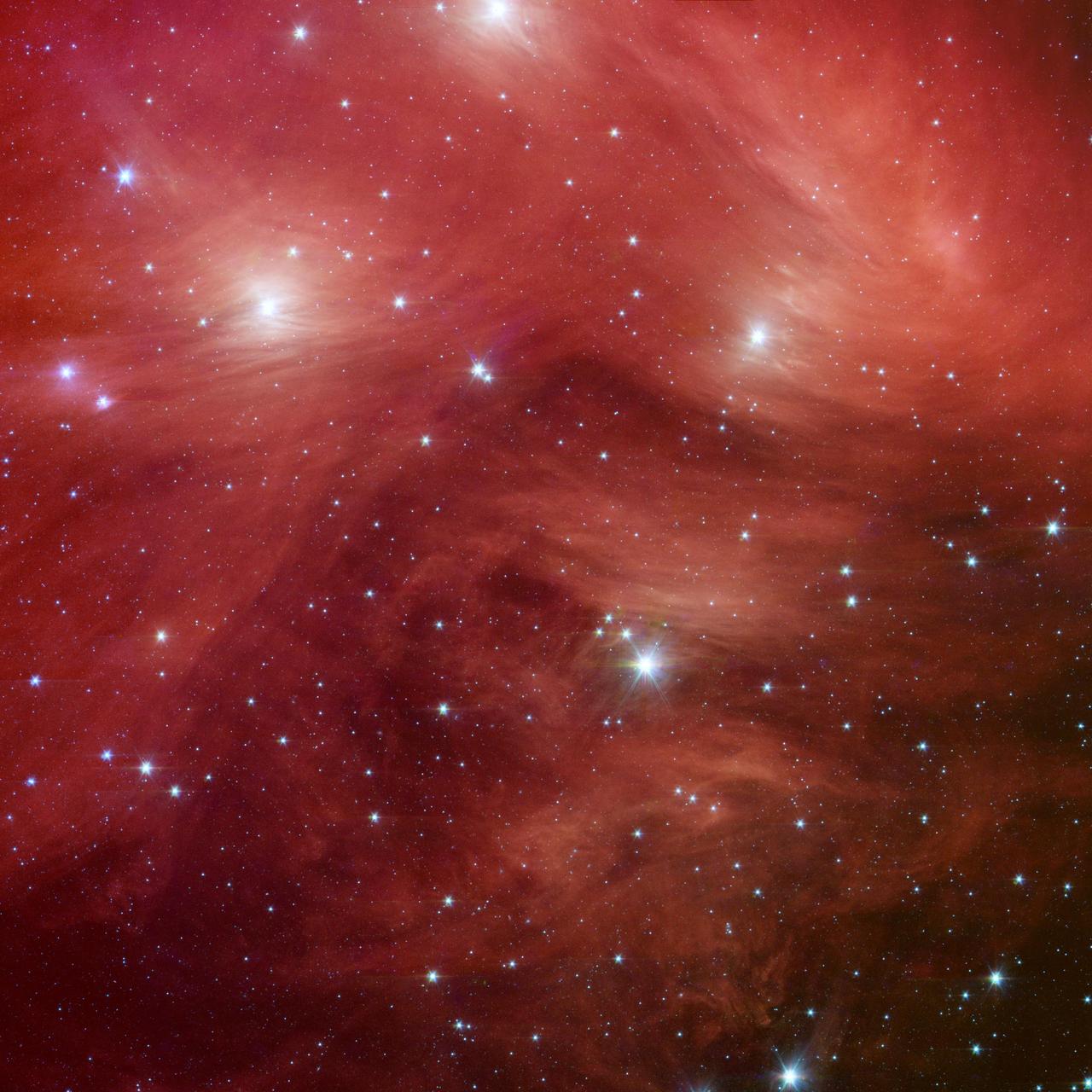 The Pleiades star cluster with bright blue-white stars wrapped in pink nebulosity.