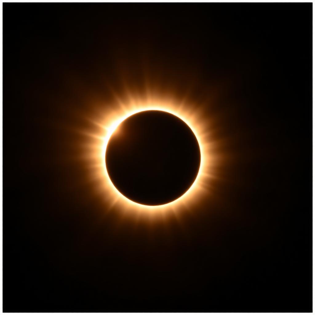 Total solar eclipse showing the solar corona and diamond ring effect against black sky.